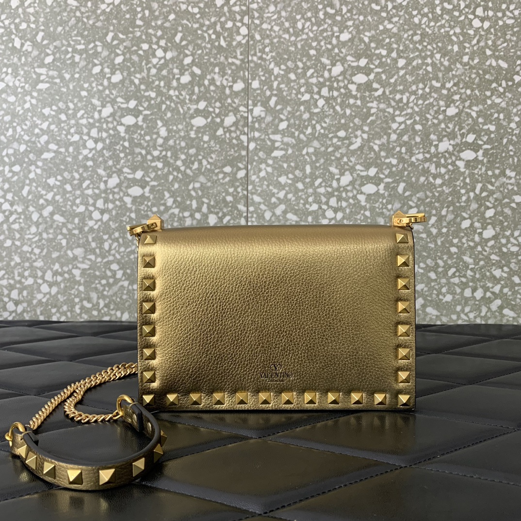 Valentino Garavani Rockstud Small Shoulder Bag in Gold Grainy Calfskin